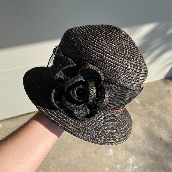Betmar New York Black Straw Hat Wide Brim Rose Accent Church Derby Tea - Picture 3 of 13